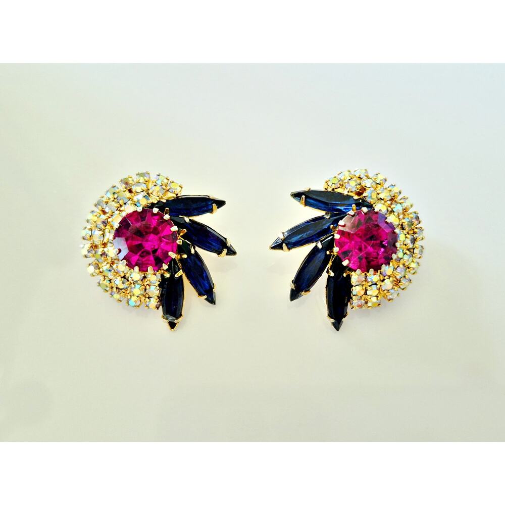 Vintage Hobe High Designer Magenta Blue and AB Dome Earrings